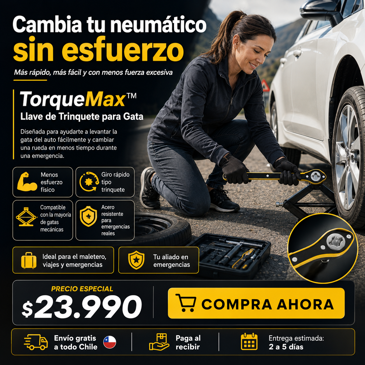TorqueMax™ — Llave de Trinquete para Gata | Cambio de Neumático de Emergencia