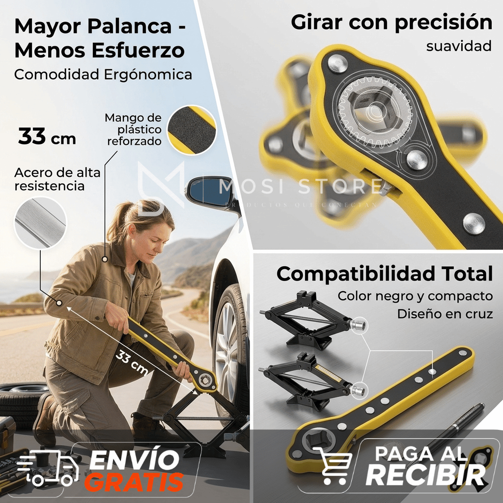 TorqueMax™ — Llave de Trinquete para Gata | Cambio de Neumático de Emergencia