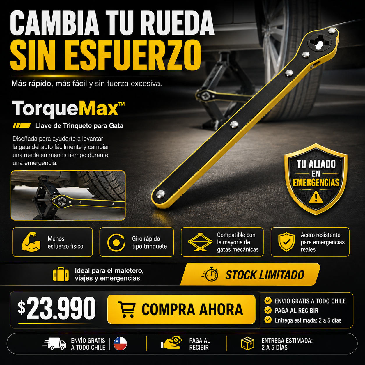 TorqueMax™ — Llave de Trinquete para Gata | Cambio de Neumático de Emergencia